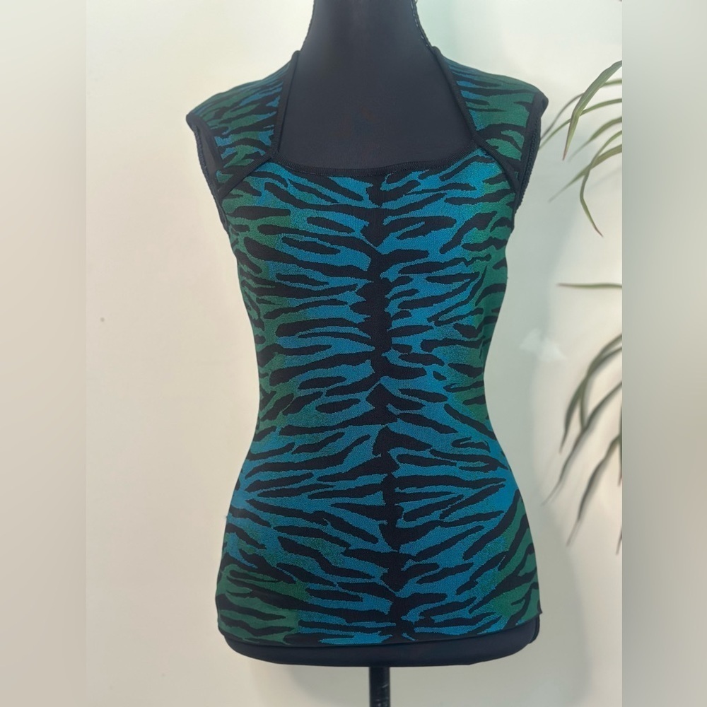 Milly Knit Sleeveless Top Green Blue Tiger zebra Print Stretchy Designer Tank s